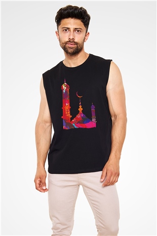 Ramazan Bayramı Baskılı Unisex Siyah Kolsuz Tişört - Tshirt