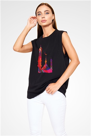 Ramazan Bayramı Baskılı Unisex Siyah Kolsuz Tişört - Tshirt