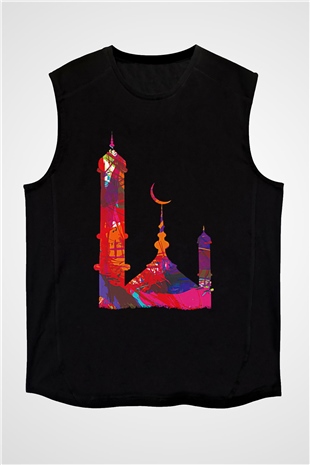 Ramazan Bayramı Baskılı Unisex Siyah Kolsuz Tişört - Tshirt