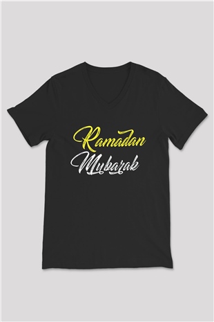 Ramazan Bayramı Baskılı Unisex Siyah V Yaka Tişört - Tshirt
