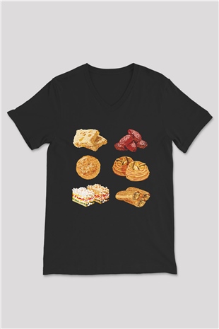 Ramazan Bayramı Baskılı Unisex Siyah V Yaka Tişört - Tshirt