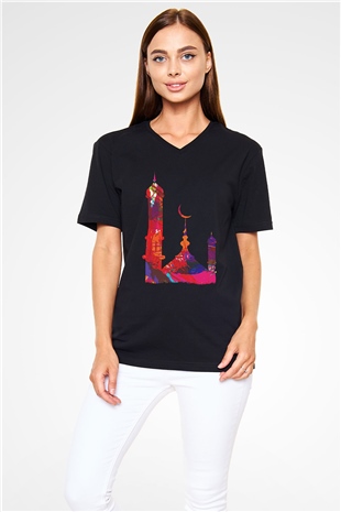 Ramazan Bayramı Baskılı Unisex Siyah V Yaka Tişört - Tshirt