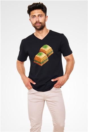 Ramazan Bayramı Baskılı Unisex Siyah V Yaka Tişört - Tshirt