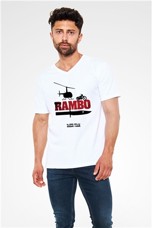 Rambo Beyaz Unisex V Yaka Tişört