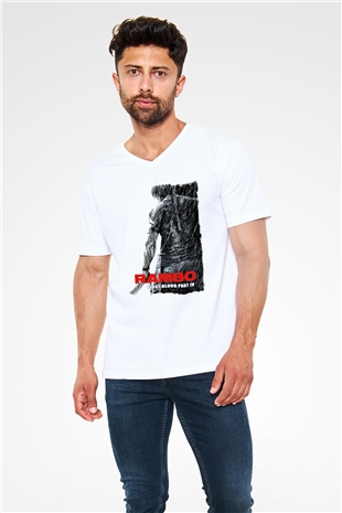 Rambo Beyaz Unisex V Yaka Tişört