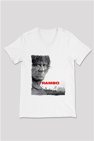 Rambo Beyaz Unisex V Yaka Tişört