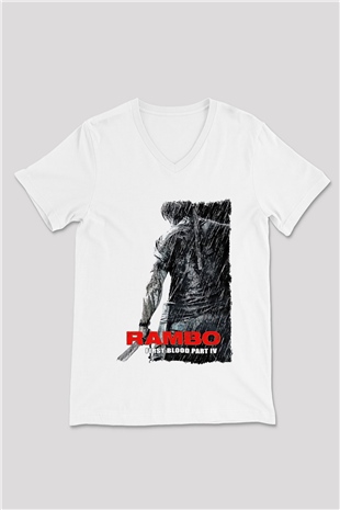 Rambo Beyaz Unisex V Yaka Tişört