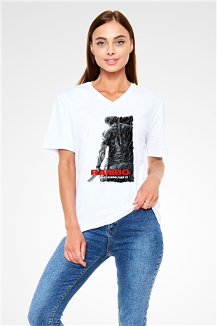 Rambo Beyaz Unisex V Yaka Tişört