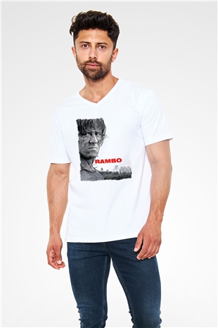 Rambo Beyaz Unisex V Yaka Tişört