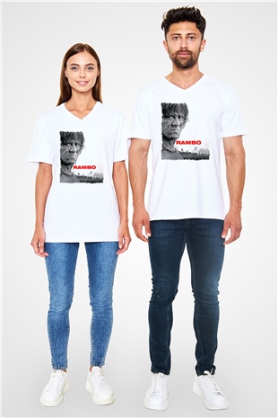 Rambo Beyaz Unisex V Yaka Tişört