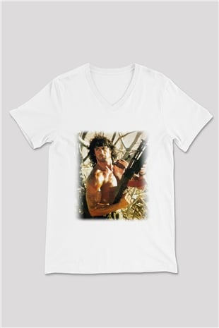 Rambo Beyaz Unisex V Yaka Tişört T-Shirt