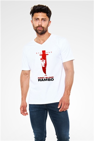 Rambo Beyaz Unisex V Yaka Tişört T-Shirt