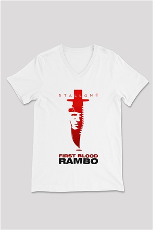 Rambo Beyaz Unisex V Yaka Tişört T-Shirt