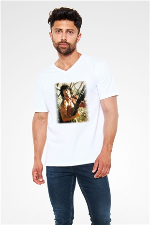 Rambo Beyaz Unisex V Yaka Tişört T-Shirt