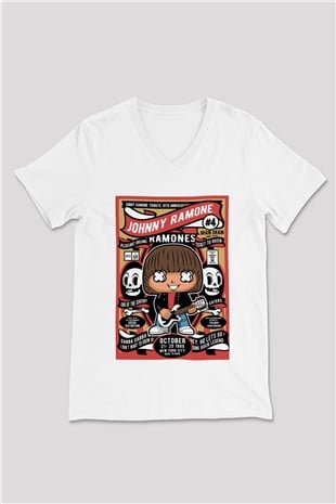 Ramones Baskılı Unisex Beyaz V Yaka Tişört