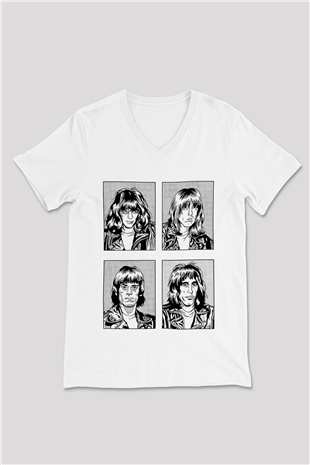 Ramones Beyaz Unisex V Yaka Tişört