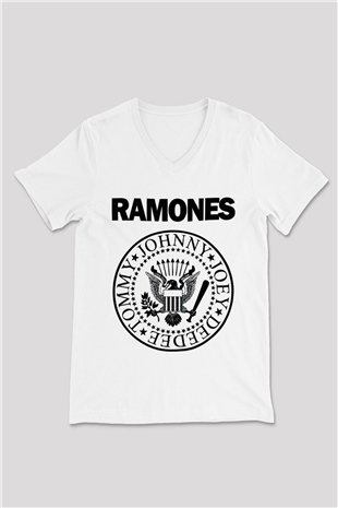 Ramones Beyaz Unisex V Yaka Tişört T-Shirt