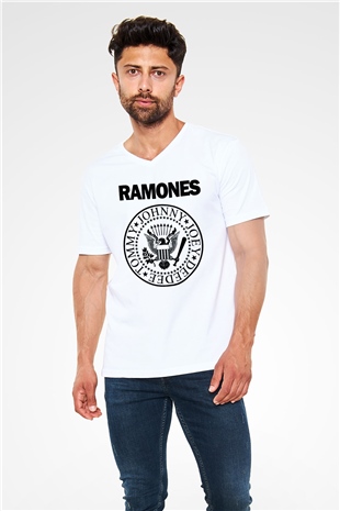 Ramones Beyaz Unisex V Yaka Tişört T-Shirt