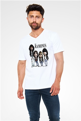 Ramones Beyaz Unisex V Yaka Tişört T-Shirt