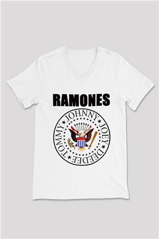Ramones Beyaz Unisex V Yaka Tişört T-Shirt