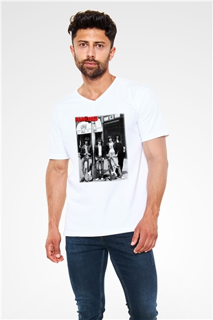 Ramones Beyaz Unisex V Yaka Tişört T-Shirt