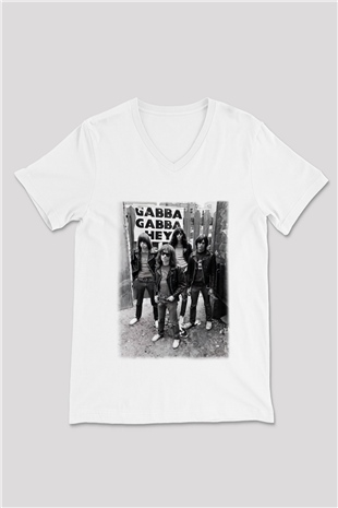 Ramones Beyaz Unisex V Yaka Tişört T-Shirt
