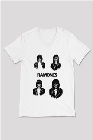 Ramones Beyaz Unisex V Yaka Tişört T-Shirt