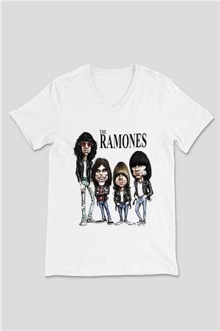 Ramones Beyaz Unisex V Yaka Tişört T-Shirt