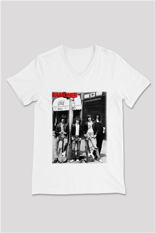 Ramones Beyaz Unisex V Yaka Tişört T-Shirt