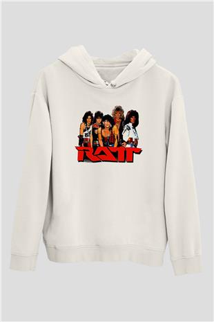 Ratt Baskılı Beyaz Unisex Kapüşonlu Sweatshirt