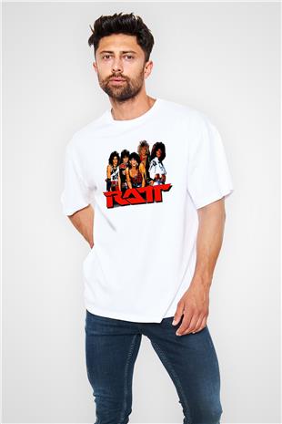 Ratt Baskılı Beyaz Unisex Oversize Tişört - Tshirt