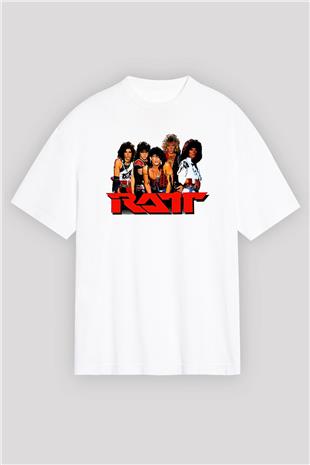 Ratt Baskılı Beyaz Unisex Oversize Tişört - Tshirt