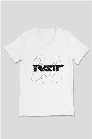 Ratt Baskılı Beyaz Unisex V Yaka Tişört - Tshirt