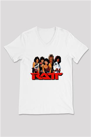 Ratt Baskılı Beyaz Unisex V Yaka Tişört - Tshirt