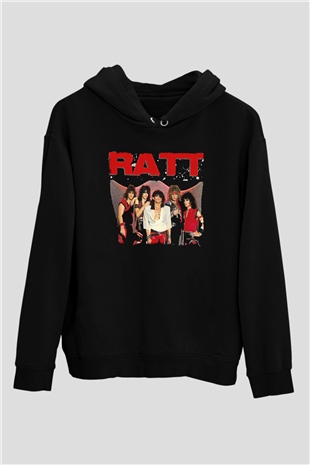 Ratt Baskılı Unisex Siyah Kapüşonlu Sweatshirt