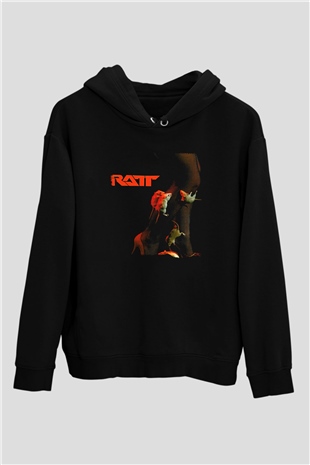 Ratt Baskılı Unisex Siyah Kapüşonlu Sweatshirt