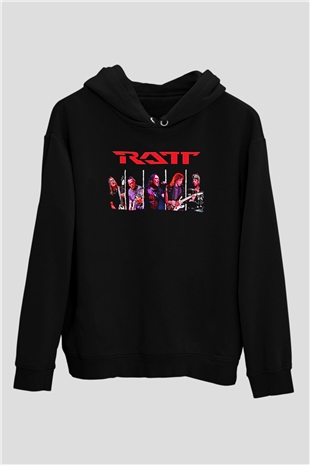Ratt Baskılı Unisex Siyah Kapüşonlu Sweatshirt