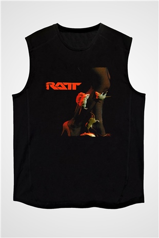 Ratt Baskılı Unisex Siyah Kolsuz Tişört - Tshirt