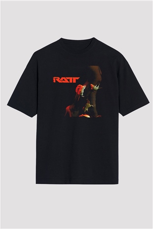 Ratt Baskılı Unisex Siyah Oversize Tişört - Tshirt