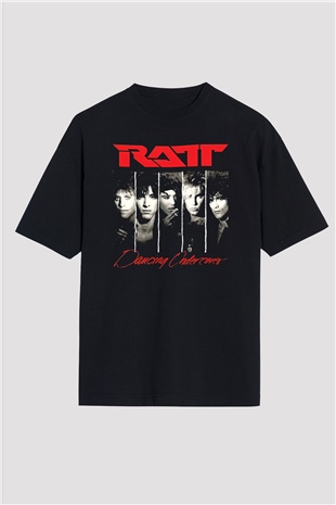Ratt Baskılı Unisex Siyah Oversize Tişört - Tshirt
