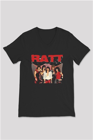 Ratt Baskılı Unisex Siyah V Yaka Tişört - Tshirt