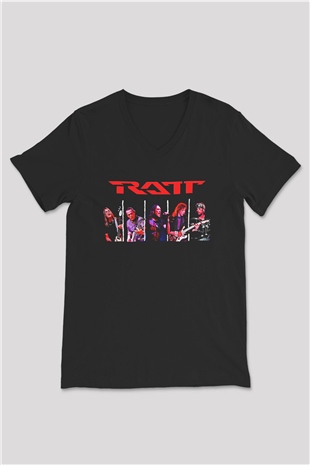 Ratt Baskılı Unisex Siyah V Yaka Tişört - Tshirt