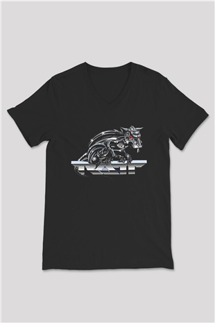 Ratt Baskılı Unisex Siyah V Yaka Tişört - Tshirt
