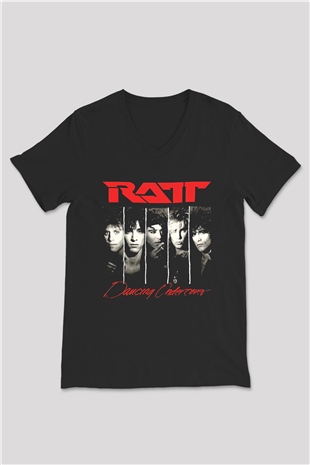 Ratt Baskılı Unisex Siyah V Yaka Tişört - Tshirt