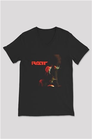 Ratt Baskılı Unisex Siyah V Yaka Tişört - Tshirt