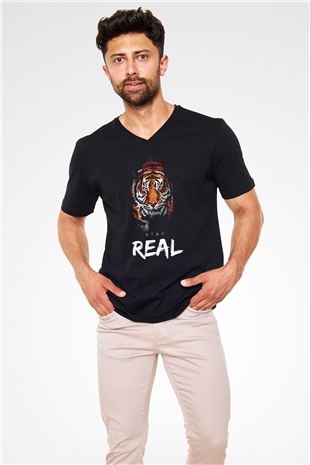 Real Stay Kaplan Baskılı Unisex Siyah  V Yaka Tişört