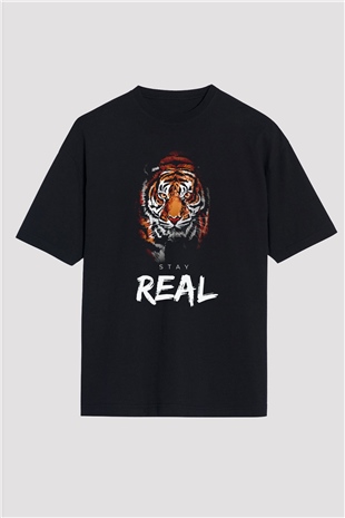 Real Stay Kaplan Baskılı Oversize Siyah Tişört