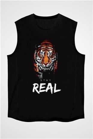 Real Stay Kaplan Baskılı Unisex Siyah  Kolsuz Tişört