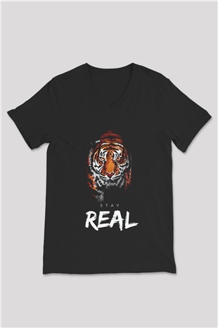 Real Stay Kaplan Baskılı Unisex Siyah  V Yaka Tişört
