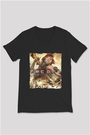 ReCore Siyah Unisex V Yaka Tişört